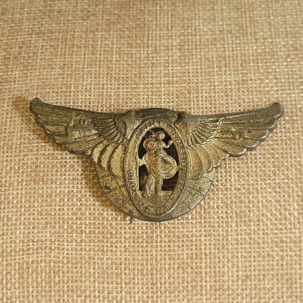Vintage St Christopher Protect Us Winged Car/Travel Medal 2.75in Goth